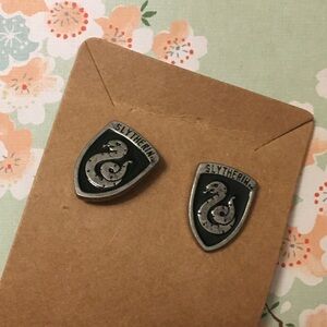 Harry Potter Slytherin Silver hardware black stud earrings Small minimalist New